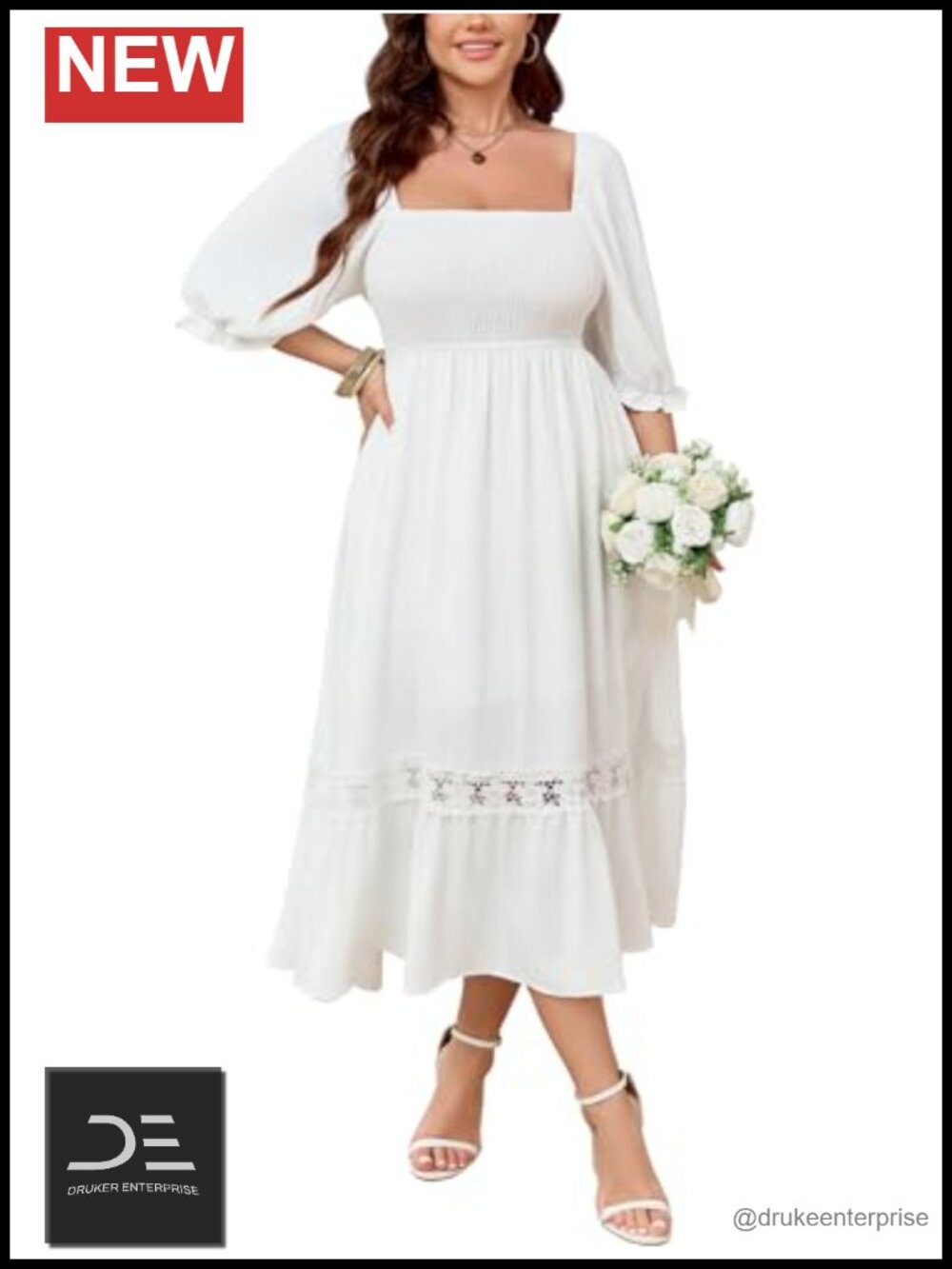 Plus Size Maxi Dress Square Neck Flutter Sleeve Smocked A-Line Lace Trim